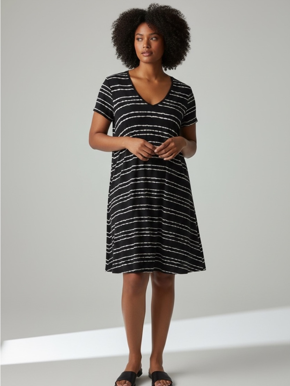 Lord & Taylor Petite Black & White Striped Midi Dress, Pockets, Stretch